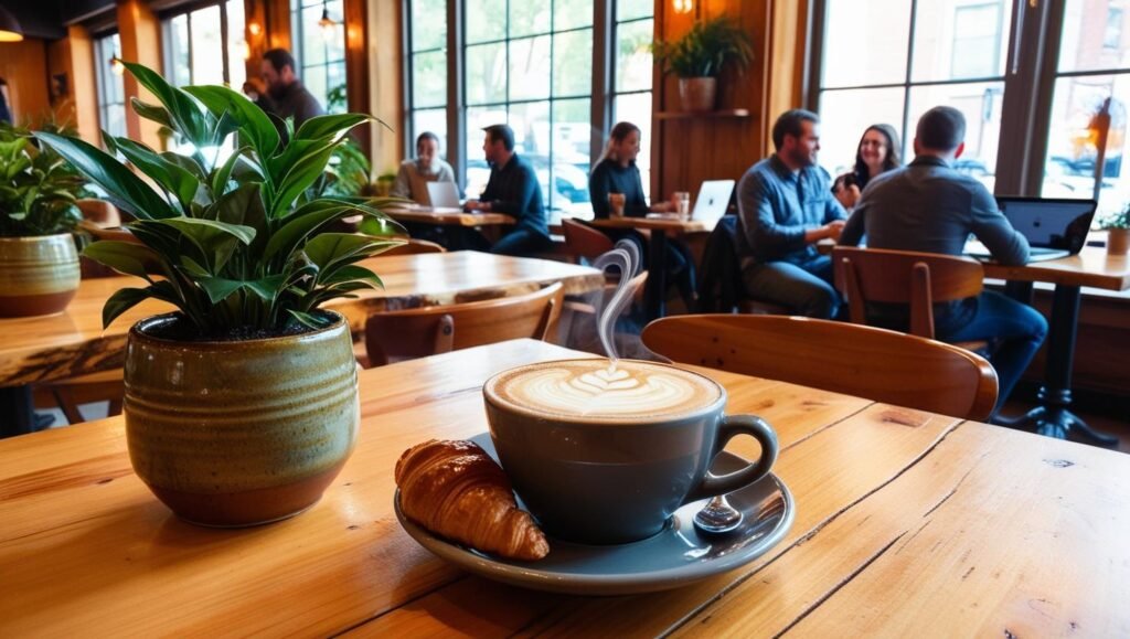 Uma cafeteria aconchegante com luz natural suave, decoração rústica e moderna, tons quentes de madeira e detalhes em verde das plantas. Na mesa, uma xícara de café especial com latte art detalhado, acompanhada de um croissant dourado. No fundo, clientes relaxam, conversam e trabalham em seus laptops, criando um ambiente acolhedor e produtivo. A iluminação dá um toque aconchegante, transmitindo boas vibrações e conforto.