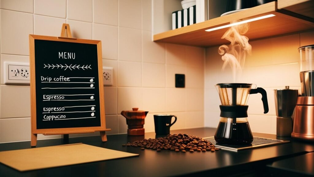 café sendo preparado em casa, organização de espaço pequeno, exemplo de cardápio simples