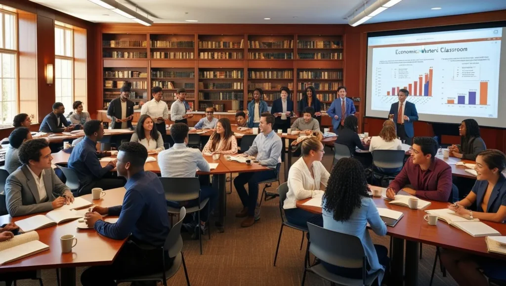 Alunos em uma sala de aula de universidade fazendo mestrado em economia e café