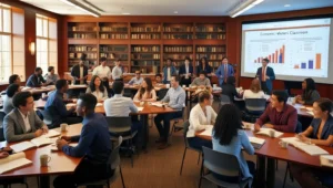 Alunos em uma sala de aula de universidade fazendo mestrado em café