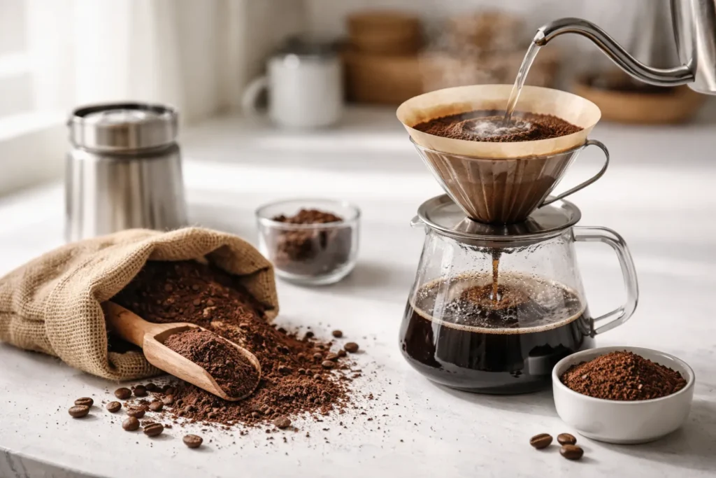 proporção café e água sendo medida com balança durante preparo de café coado